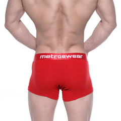 Red metrowear cotton boxer briefs in crimson with a white logo on the waistband for comfortable everyday wear
