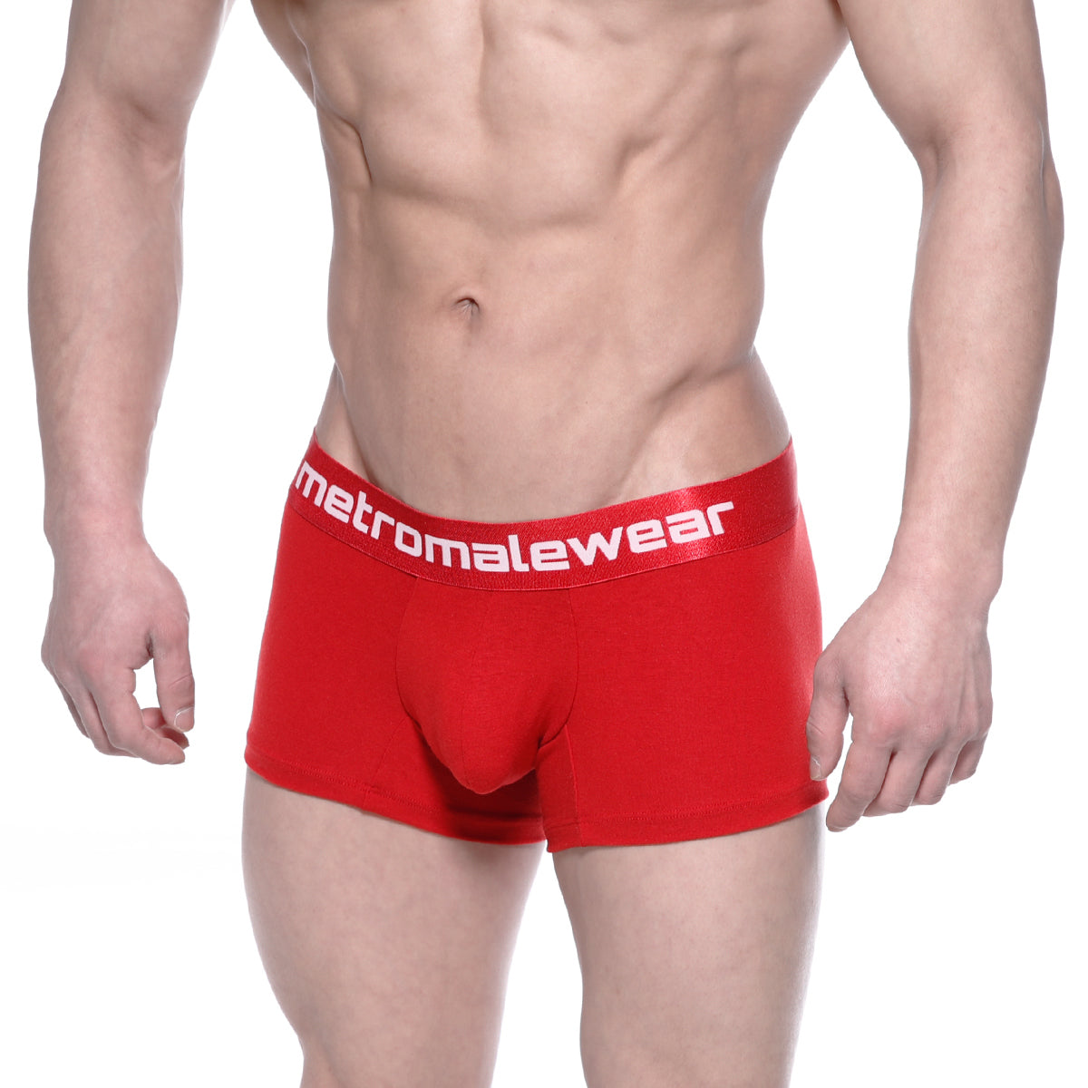 Red men’s cotton short boxer briefs with a crimson color and white metromalewear logo on the elastic waistband