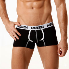 Black mens cotton boxer briefs metroMalewear with white elastic waistband black logo and white stitching 7 inch inseam