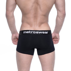 Black metrowear cotton short boxer briefs with 7 inch inseam and white logo waistband for comfortable wear