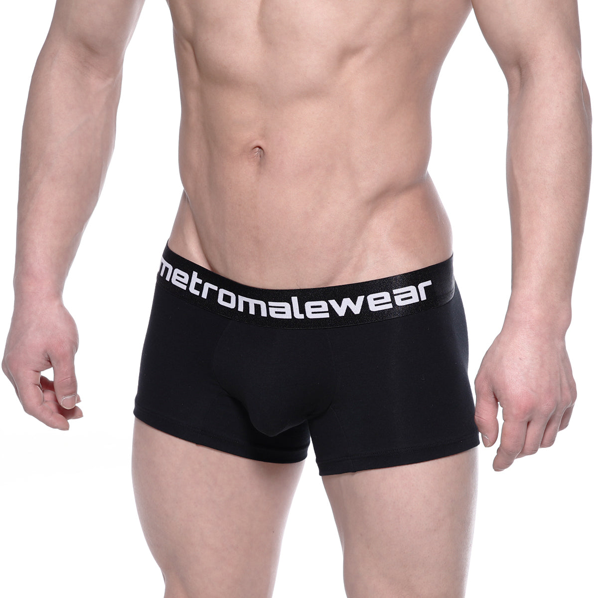 Black cotton short boxer briefs with a 7 inch inseam and metromalewear logo on the waistband