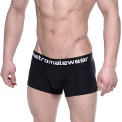 Black cotton short boxer briefs with a 7 inch inseam and metromalewear logo on the waistband