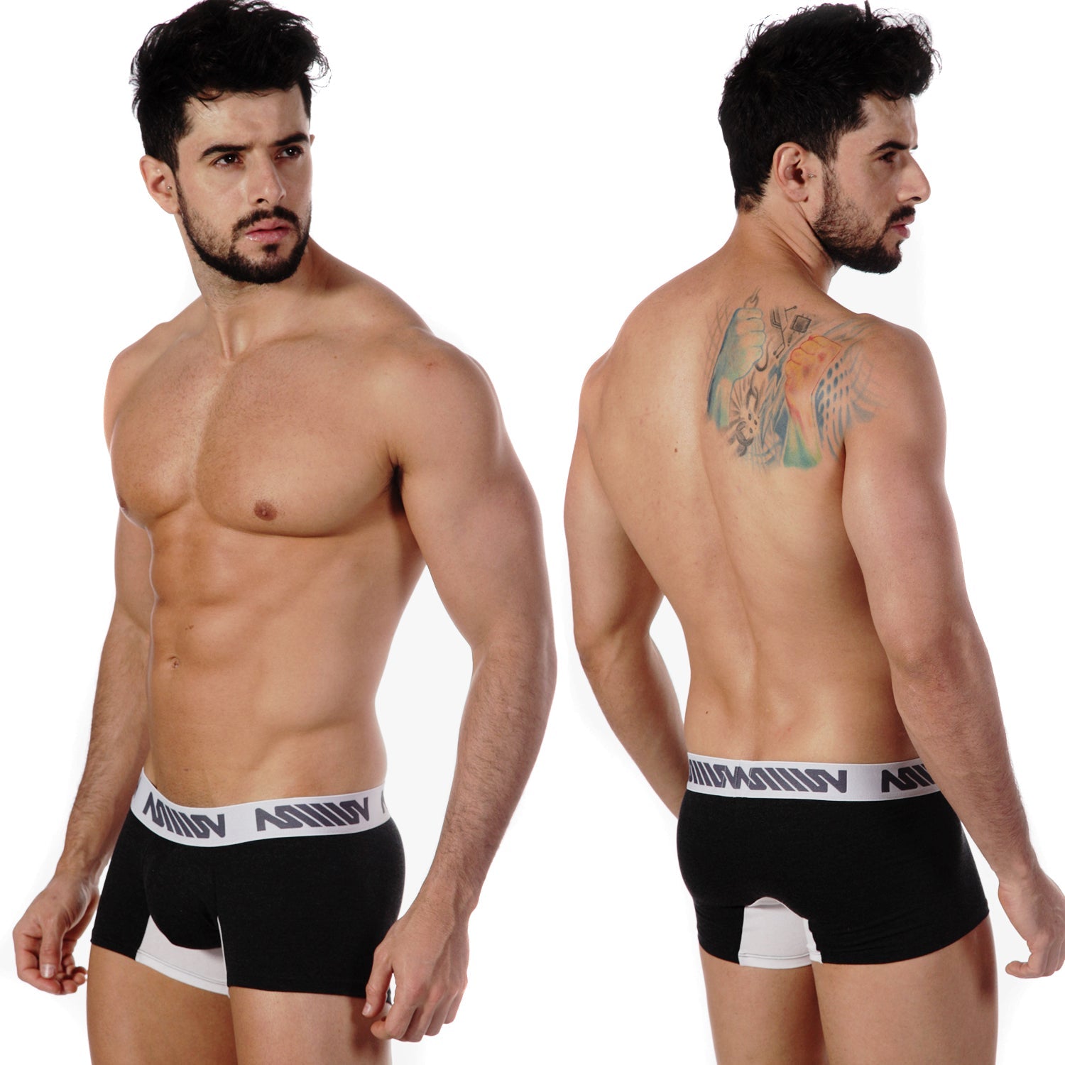 Black metro malewear bi-color short boxer briefs heather 3022-32 with white trim and repeating logo band