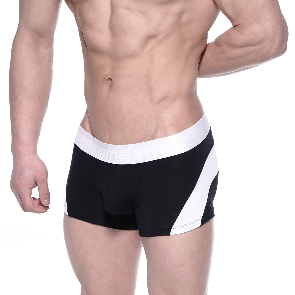 Black and white cotton athletic briefs with bold diagonal stripe design metroMalewear cotton short boxer arc 7 inch