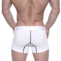 White metro male wear cotton short boxer briefs with black stitching and subtle waistband logo in 7 inch length