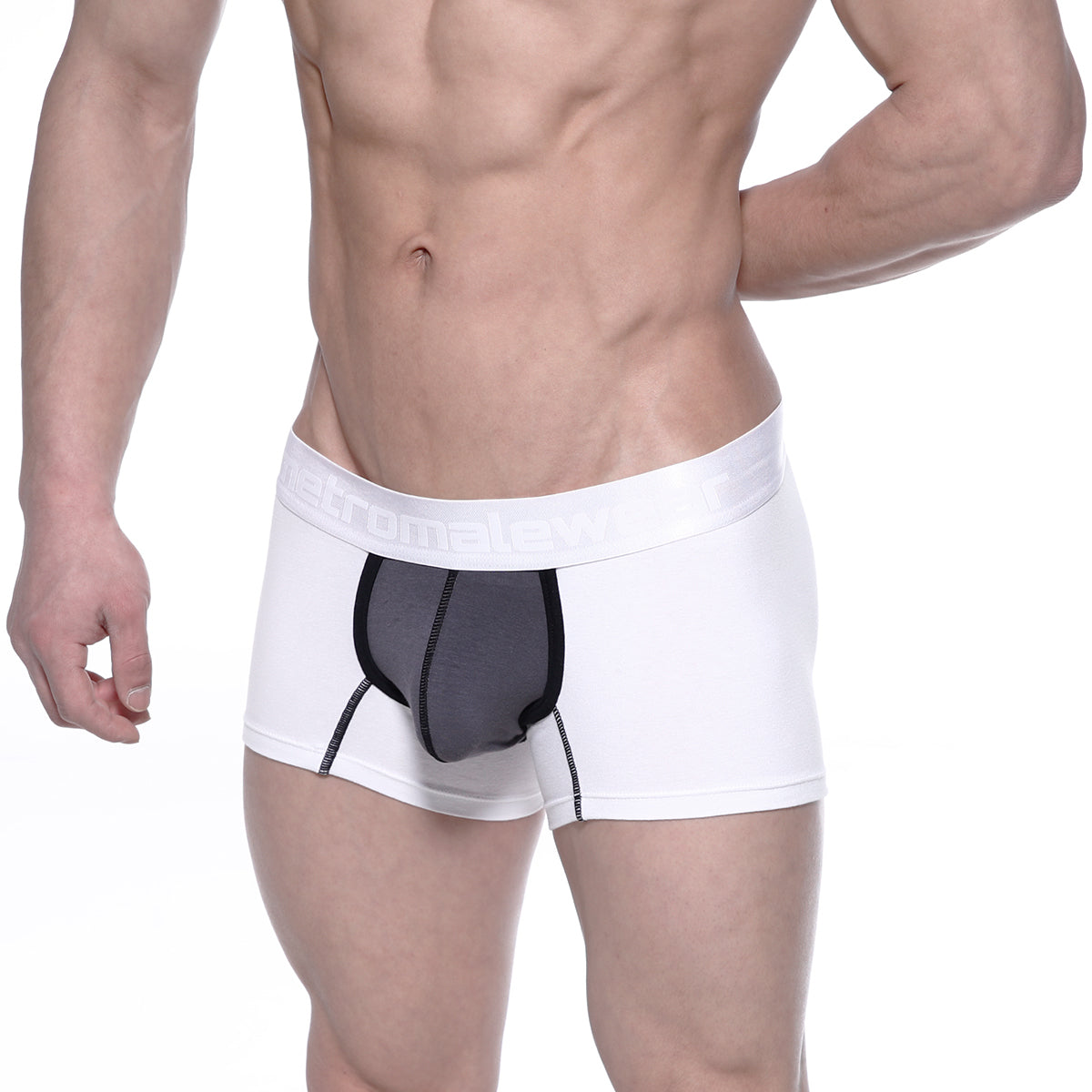 White cotton MetroMaleWear short boxer briefs with black mesh panel and elastic waistband featuring brand name