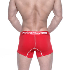 Red metromalewear cotton short boxer briefs with white stitching and branded waistband for comfortable wear
