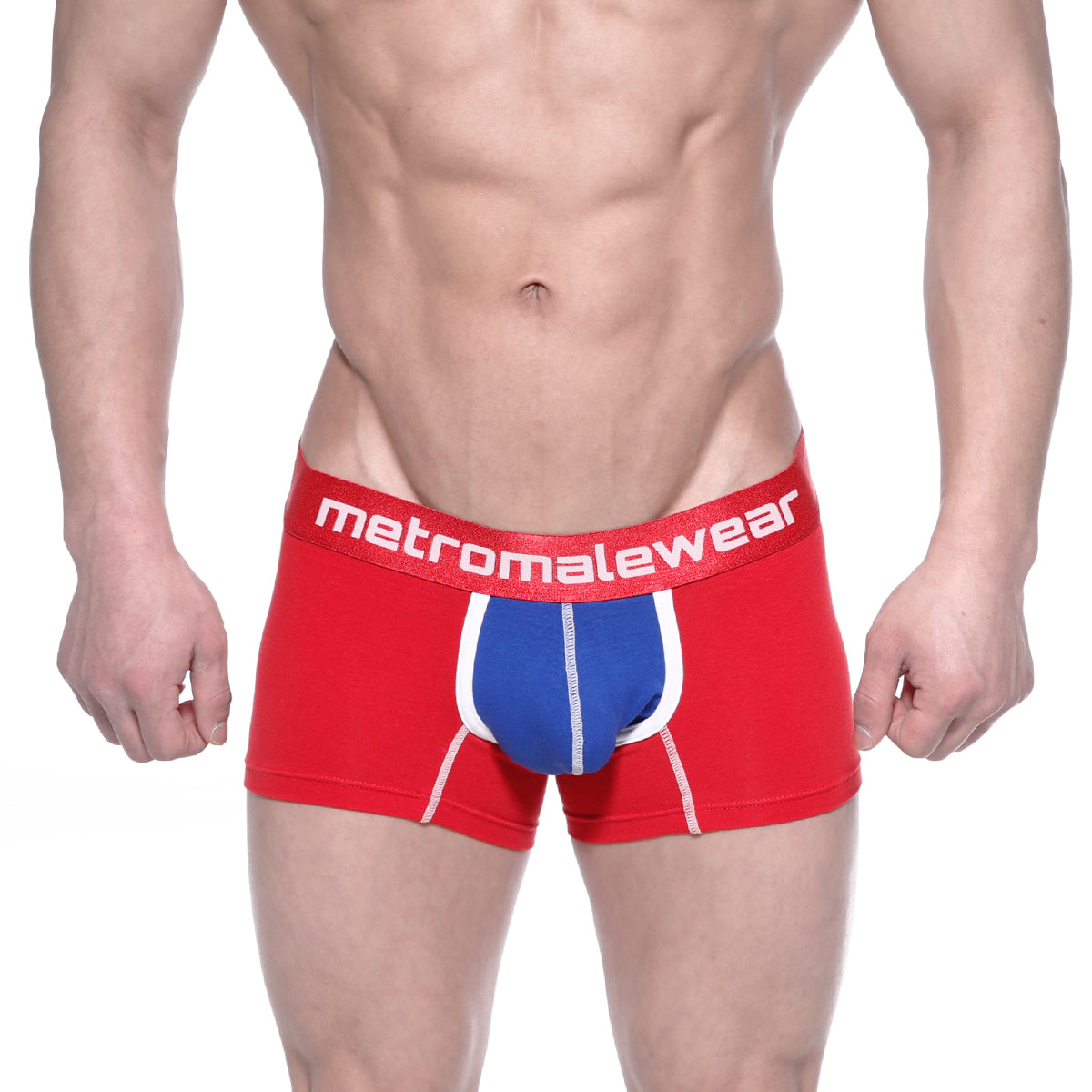 Red and blue cotton men’s boxer briefs with white trim and metromalewear logo on waistband metroMalewear cotton short boxer pixel 7 3022 76
