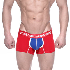 Red and blue cotton men’s boxer briefs with white trim and metromalewear logo on waistband metroMalewear cotton short boxer pixel 7 3022 76