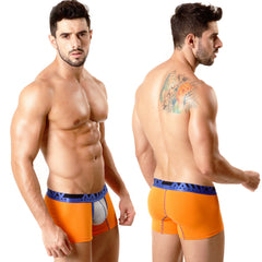 Orange metro male wear cotton boxer briefs with blue metromax waistband and silver mesh front panel 7 inch length