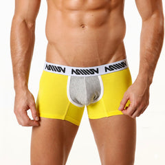 Bright yellow MetroMaleWear cotton boxer briefs with gray mesh panel and white waistband featuring black muiu branding