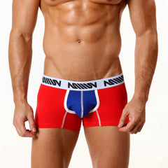 MetroMaleWear cotton short boxer briefs in red and blue with white waistband and black miiow branding 7 inch length