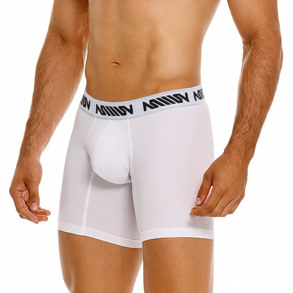 White men’s cotton boxer briefs with a 10 inch inseam and a black amin logo waistband from MetroMaleWear