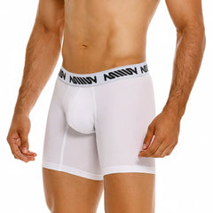 White men’s cotton boxer briefs with a 10 inch inseam and a black amin logo waistband from MetroMaleWear
