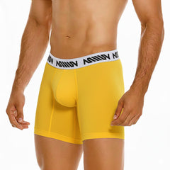 Bright yellow cotton metro malewear cotton mid boxer briefs with white elastic waistband and black logo text
