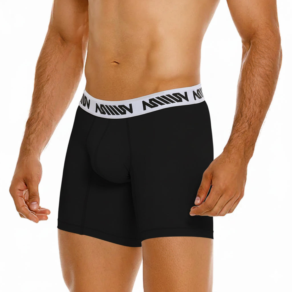 Black cotton boxer briefs with a white amin branded elastic waistband metroMalewear cotton mid boxer 10inch
