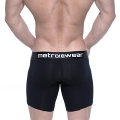 Black metrowear cotton mid boxer briefs with 10 inch inseam and white logo on waistband for men
