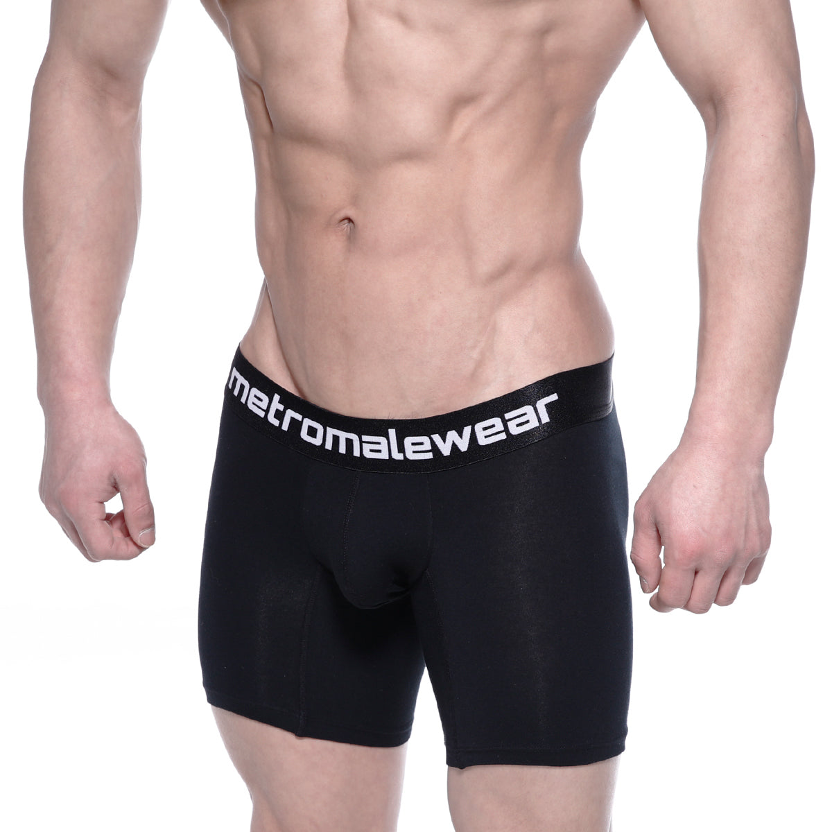 Black men’s cotton mid boxer briefs with 10 inch inseam and white metromalewear logo on waistband