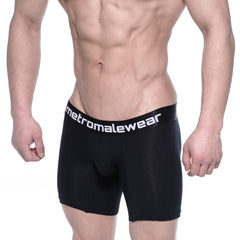 Black men’s cotton mid boxer briefs with 10 inch inseam and white metromalewear logo on waistband