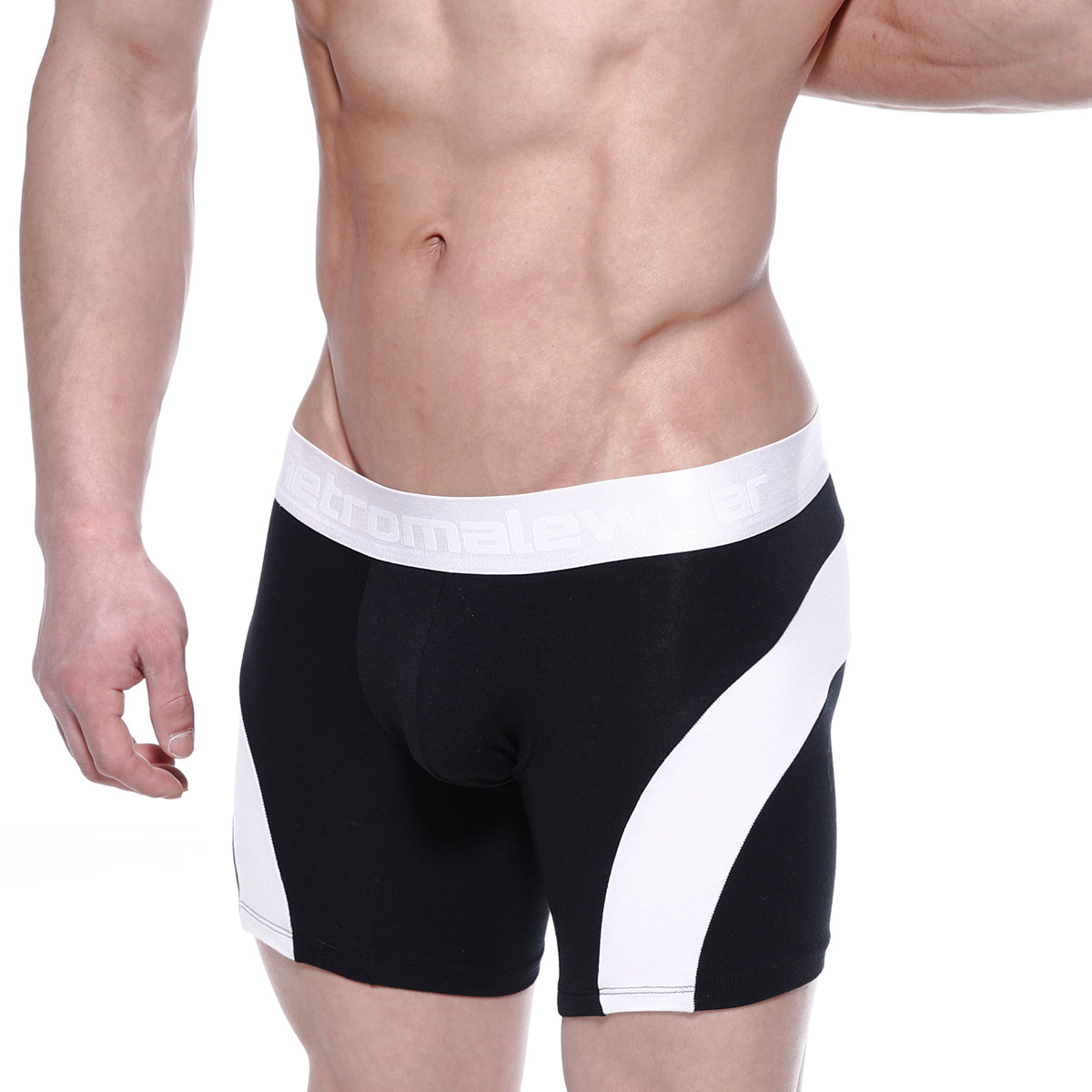 Black and white cotton mid boxer briefs with bold diagonal stripes and a sleek form-fitting design by metromalewear