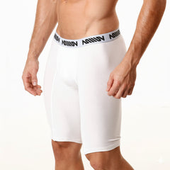 White men’s cotton compression shorts with black aquav logo waistband metro male wear 15 inch length
