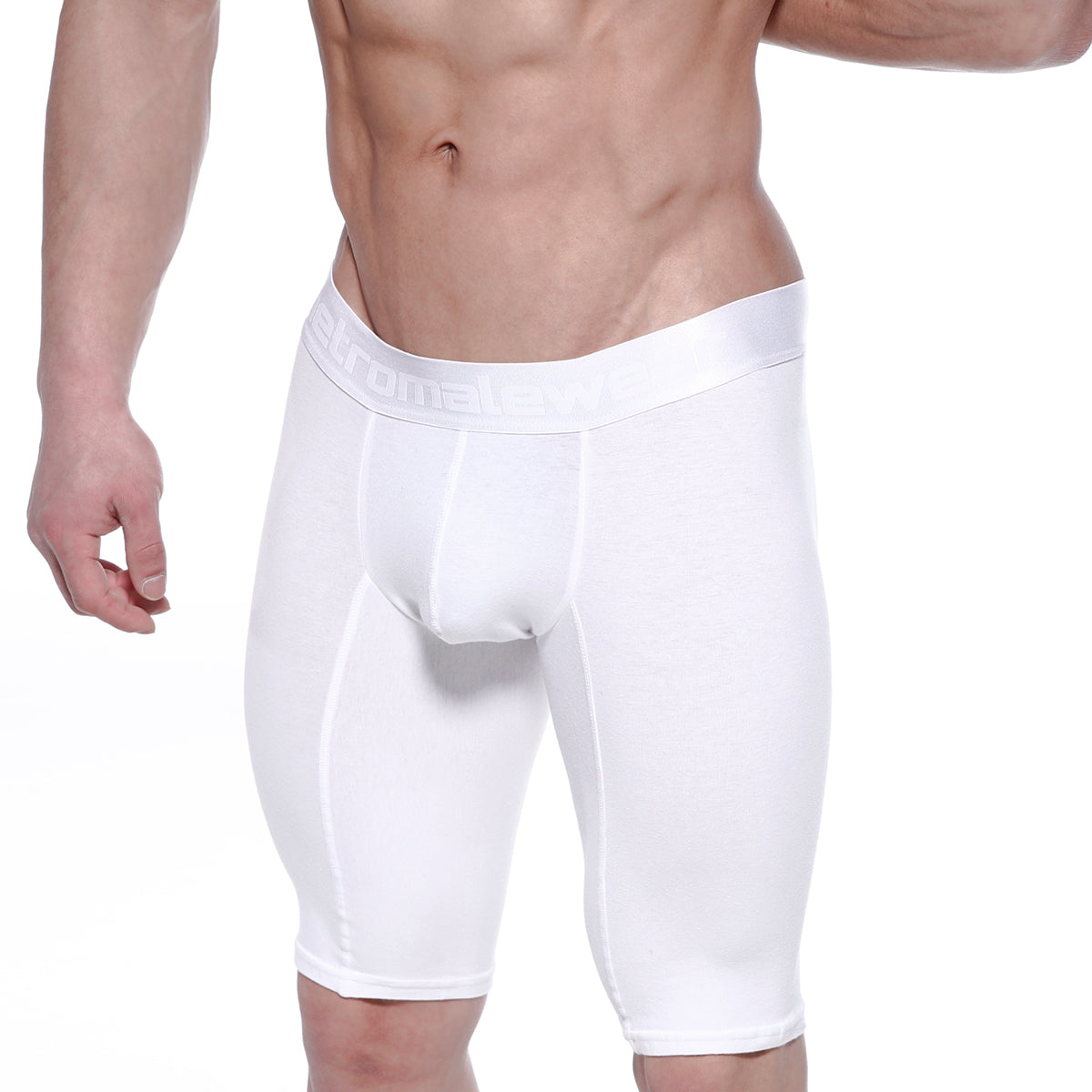 White men’s cotton compression shorts metro male wear smooth form-fitting fabric with subtle waistband branding