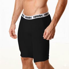 Black cotton long athletic shorts with a white elastic waistband featuring the aquav logo in black lettering