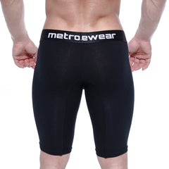 Black metrowear cotton compression shorts with 15 inch length elastic waistband and snug form-fitting design