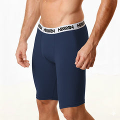 Navy blue MetroMaleWear cotton athletic briefs with a white elastic waistband and black repeating logo text