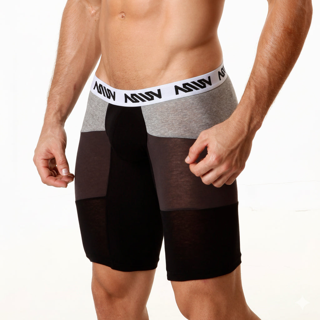 Black and gray cotton athletic boxer briefs with white adidas waistband metroMalewear cotton long short 15inch