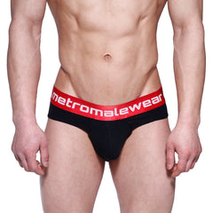 Black briefs with a red elastic waistband featuring the metromalewear logo in white from MetroMaleWear Downhole Brief 3029-20
