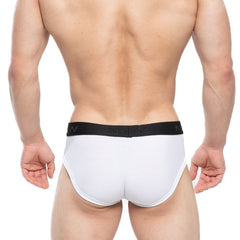 White brief with black elastic waistband featuring the MetroMaleWear logo designed for comfort and support