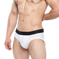 White metro male wear avalon briefs with black elastic waistband featuring the mew logo 3036-00