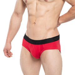 Red men’s briefs with a black elastic waistband featuring the mew brand logo metroMalewear avalon brief red 3036-12
