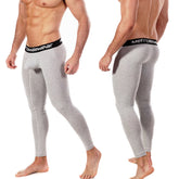 Gray heathered men’s cotton compression tights with black elastic waistband branded metrowear for active wear