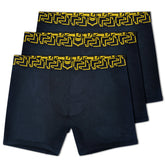 Three navy blue modal boxer briefs with bold yellow geometric waistband in sheath 3.0 no-fly 3 pack set
