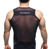 Back view of metro male wear sheer runner tank top black with mesh fabric and white branding on solid upper band