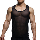 MetroMaleWear sheer runner tank top black 3121-20 is a black sheer mesh tank top with rounded neckline and solid trim