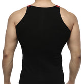 MetroMaleWear relaxed black sleeveless tank top with red and white striped trim on shoulder straps