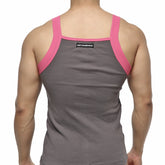 Gray ribbed square cut tank top with pink shoulder straps and black metromallwear tag on the back