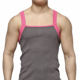 MetroMaleWear square cut tank top gray ribbed fabric with pink trim on straps and neckline for casual wear