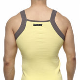 Yellow and gray MetroMaleWear square cut athletic tank top with ribbed shoulder straps for active use