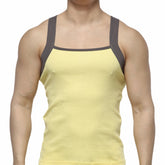 Yellow ribbed tank top with dark gray shoulder straps from MetroMaleWear square cut tank top 3125-15