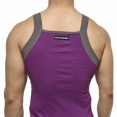 Purple ribbed tank top with gray shoulder straps and black metromalewear brand label for casual wear