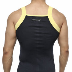Black and yellow metroMaleWear athletic tank top with ribbed fabric and square cut design for active wear