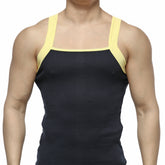 MetroMaleWear square cut tank top in navy ribbed fabric with contrasting yellow shoulder straps for casual wear