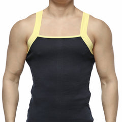 MetroMaleWear square cut tank top in navy ribbed fabric with contrasting yellow shoulder straps for casual wear