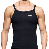 MetroMalewear modern black sleeveless tank top with thin straps and white logo on upper left chest