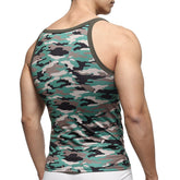 A men’s fitted tank top by MetroMaleWear featuring a green brown and black camo pattern with olive trim