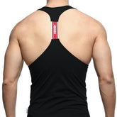 Black metroMalewear logo racerback tank top showing back with red and white vertical stripe down center